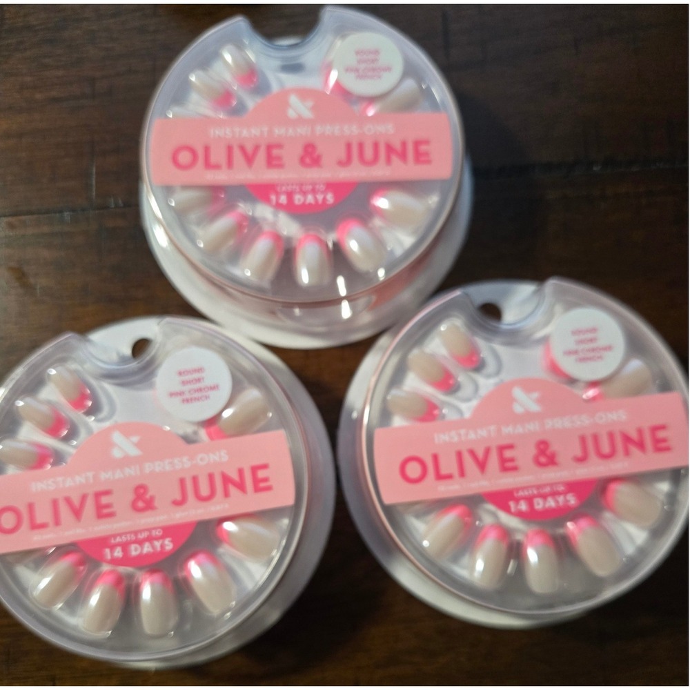 Olive & June Pink Chrome French Press On Nails Round Short 3 Packs‎ Instant Mani